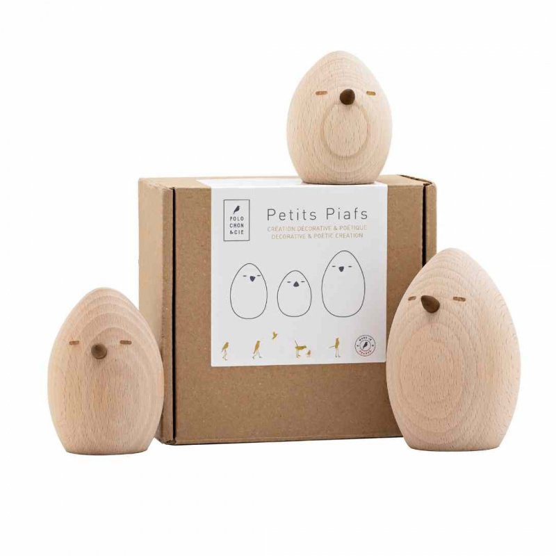 Coffret 3 "Petits Piafs", oiseaux en bois de hêtre made in France